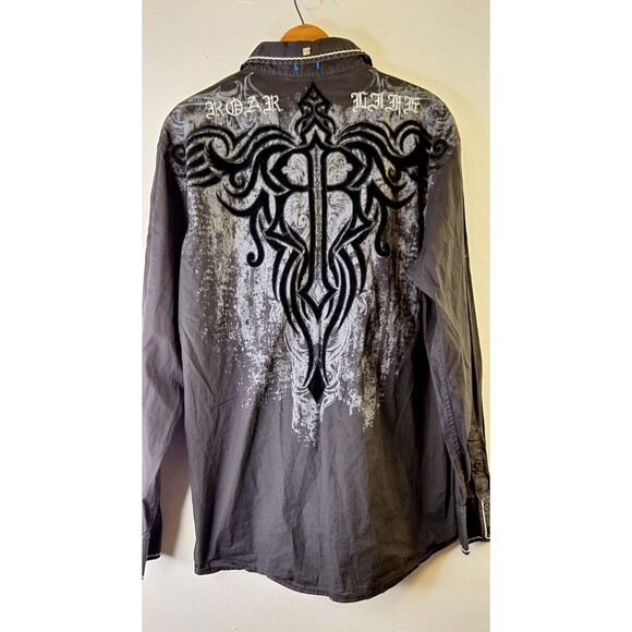 Roar Button Up Shirt Men’s Size L Affliction Style Embroidered Y2K Punk Biker - Picture 2 of 12